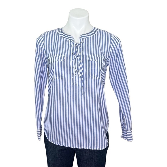 Talbots Pullover Blouse Blue Stripe Long Sleeve 100% Cotton Sp - Picture 1 of 7